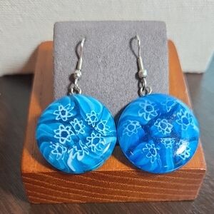 Blue Glass Millefiore Design Disc Earrings